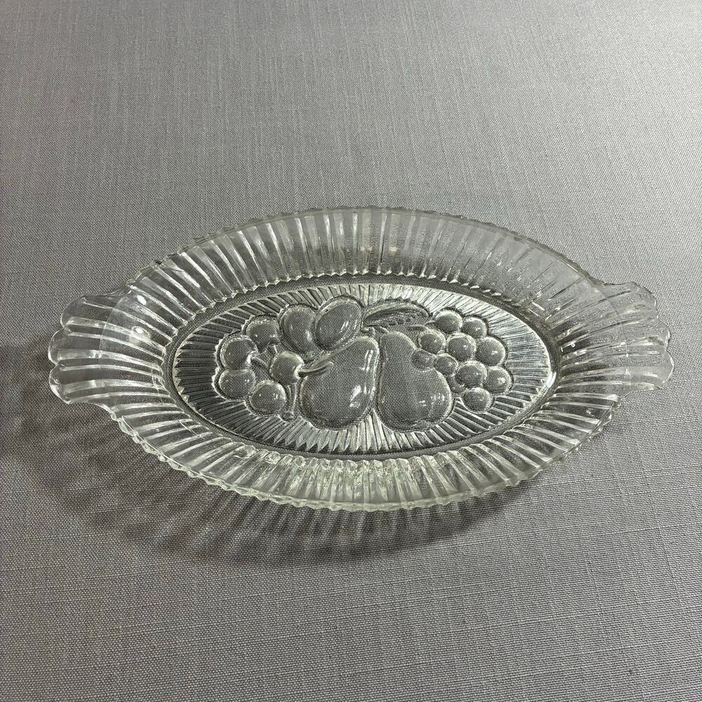 Vintage Clear Pressed Glass Relish Tray Fruit Pattern Oval Serving Dish 9.5 Inch